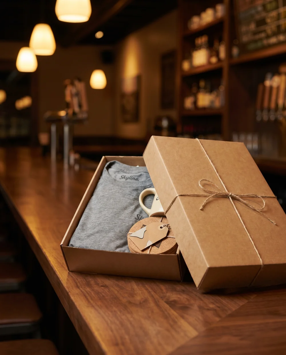 Caja de regalo Skyline con playera, tarro y portavasos en empaque kraft