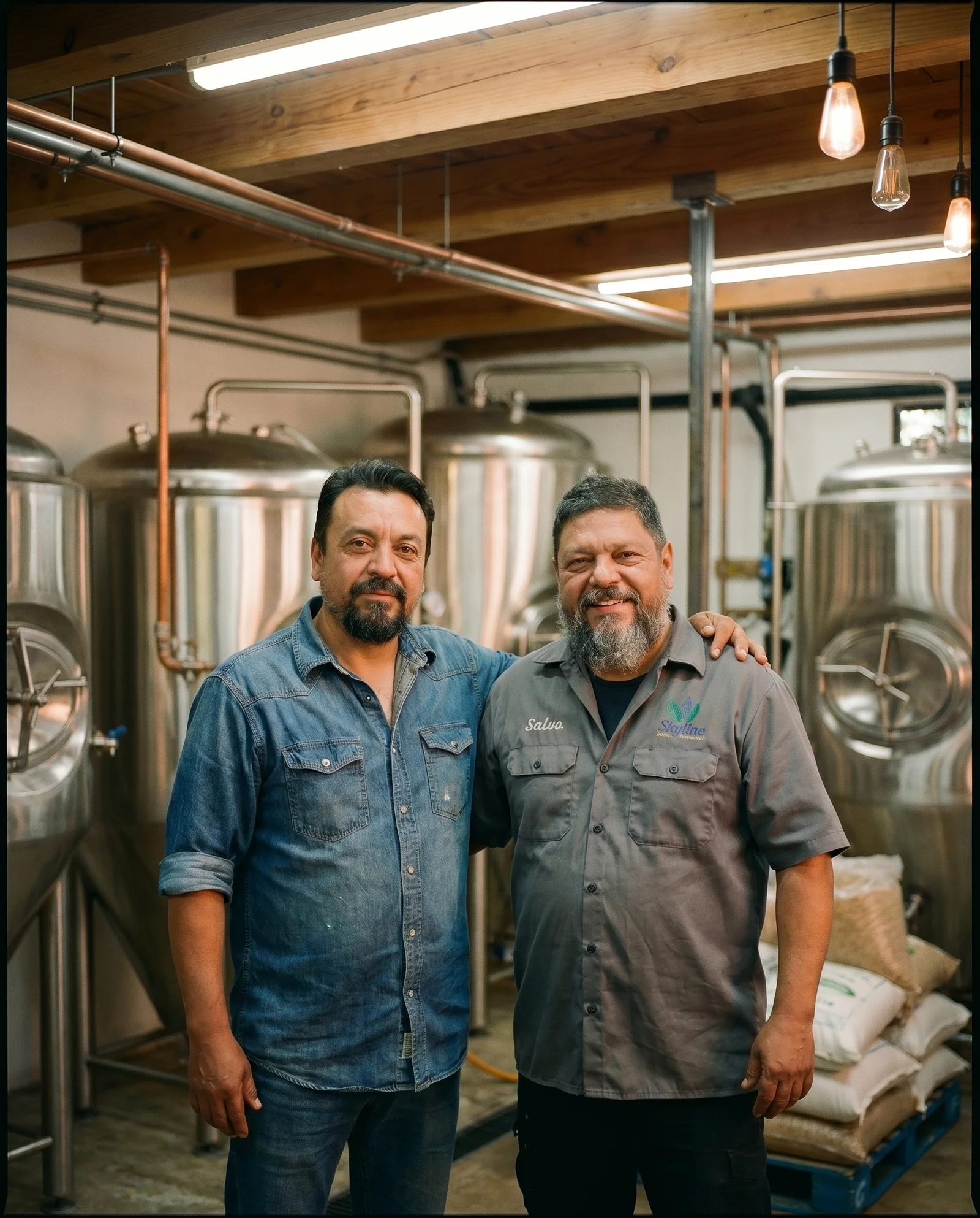 Salvo abraza a su hermano Germán frente a los fermentadores de Cervecería Skyline en Valle de Bravo
